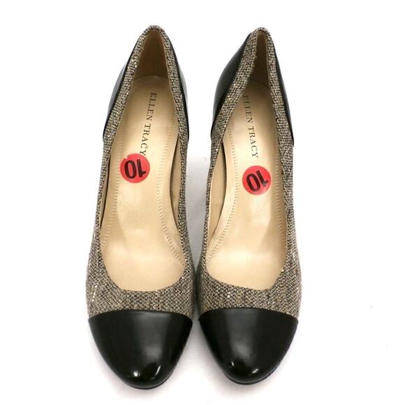 Ellen Tracy Tweed & Black Leather High Heeled Shoes Pumps NWT 10M 3.5" Heel - Picture 2 of 5